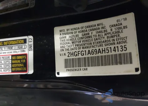 2010 Honda Civic Lx z USA, uszkodzony, nr VIN 2HGFG1A69AH514135